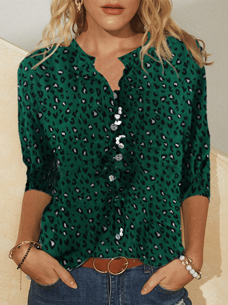 Women Leopard Print Stand Collar Vintage Casual Stylish Long Sleeve Blouse - MRSLM