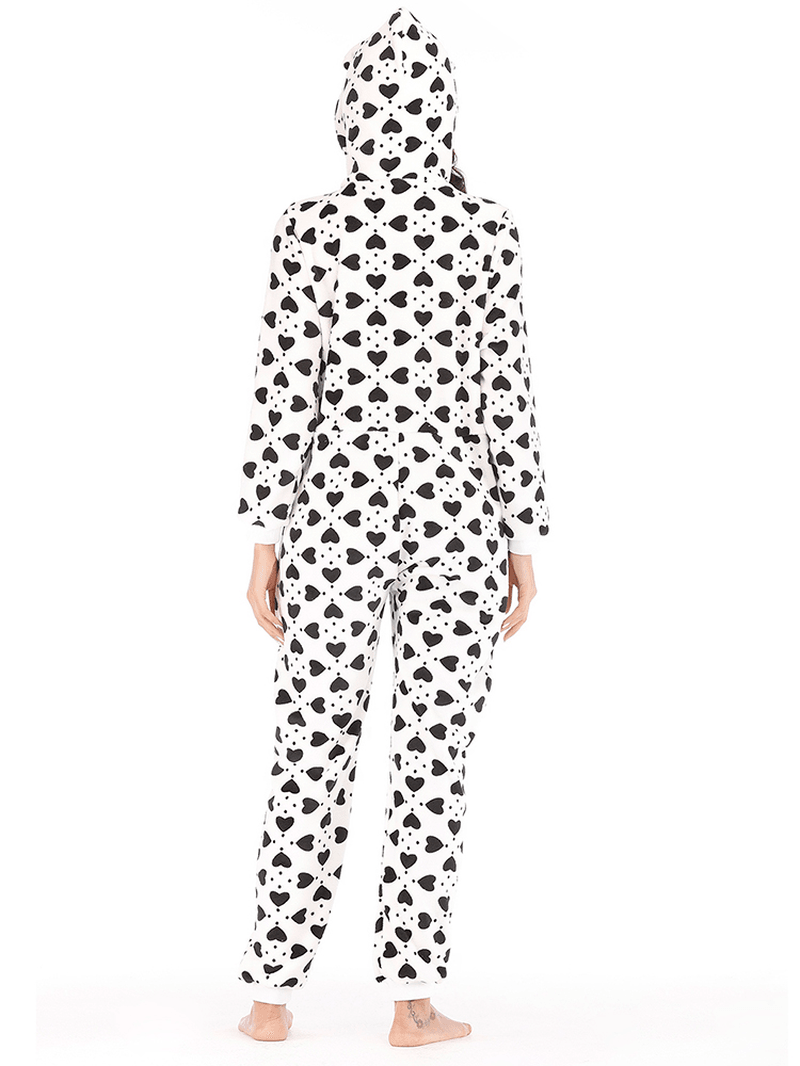 Flannel Heart Printed Front Zip Hoodie Onsie with Pocket Pajama Set - MRSLM
