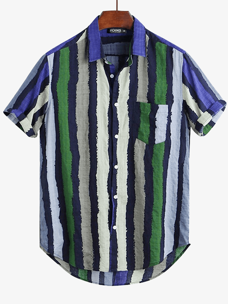 Men Colorful Stripe Short Sleeve Cotton Holiday Casual Shirts - MRSLM