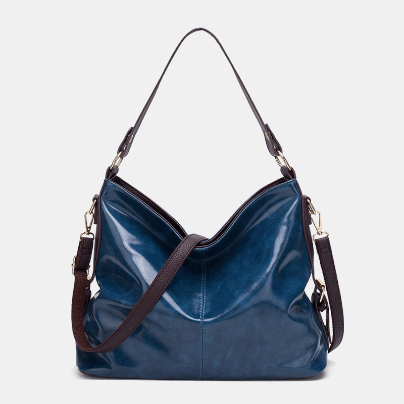 Women Faux Leather Retro Fashion Large Wax Leather Capacity Handbag Shoulder Bag Tote - MRSLM