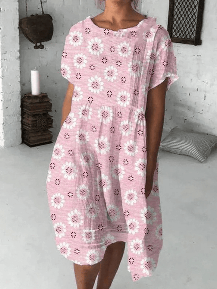 Sunflower Print Crew Neck Short Sleeve Cotton Blends Casual Midi Dress - MRSLM