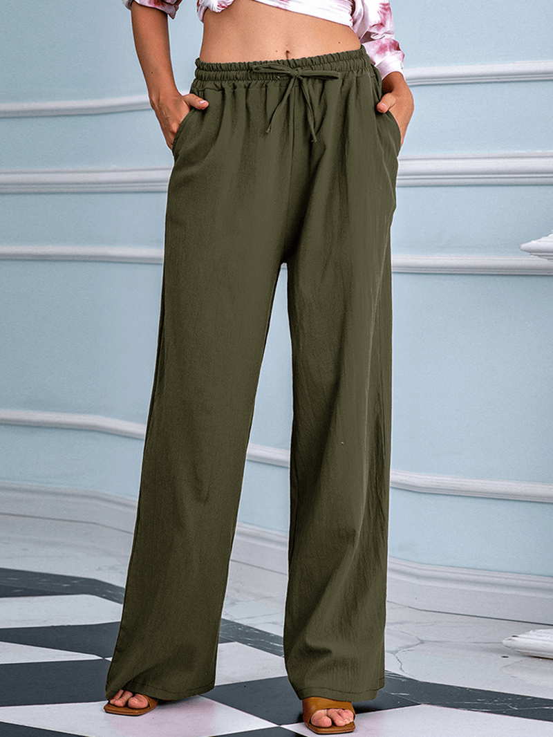 Women Loose Casual Solid Color Drawstring Mid Waist Straight Pants - MRSLM