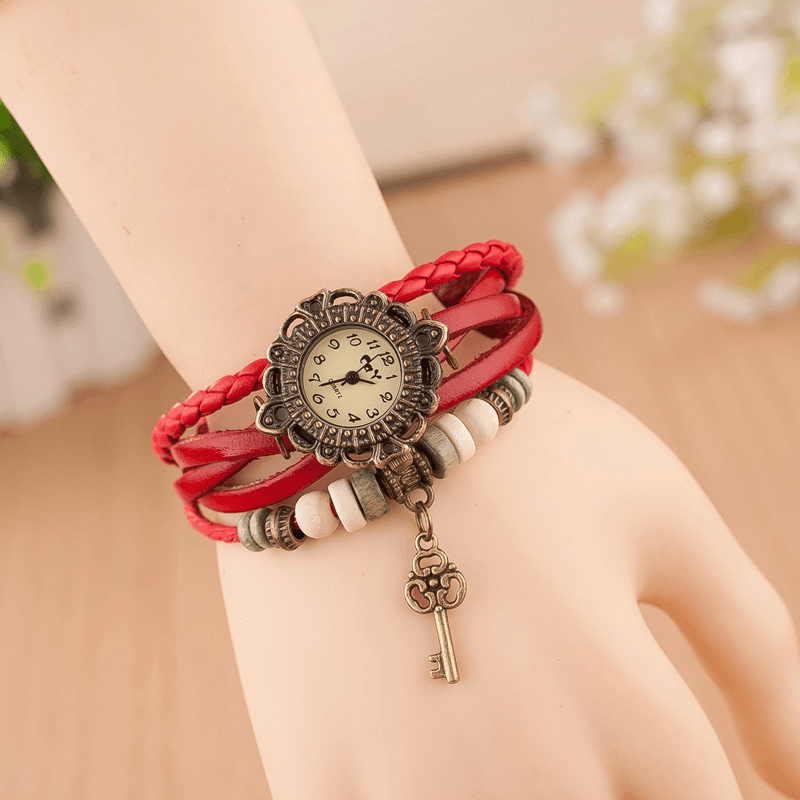 Vintage Multilayer Key Pendant Leather Strap Women Quartz Watch Bracelet Watch - MRSLM