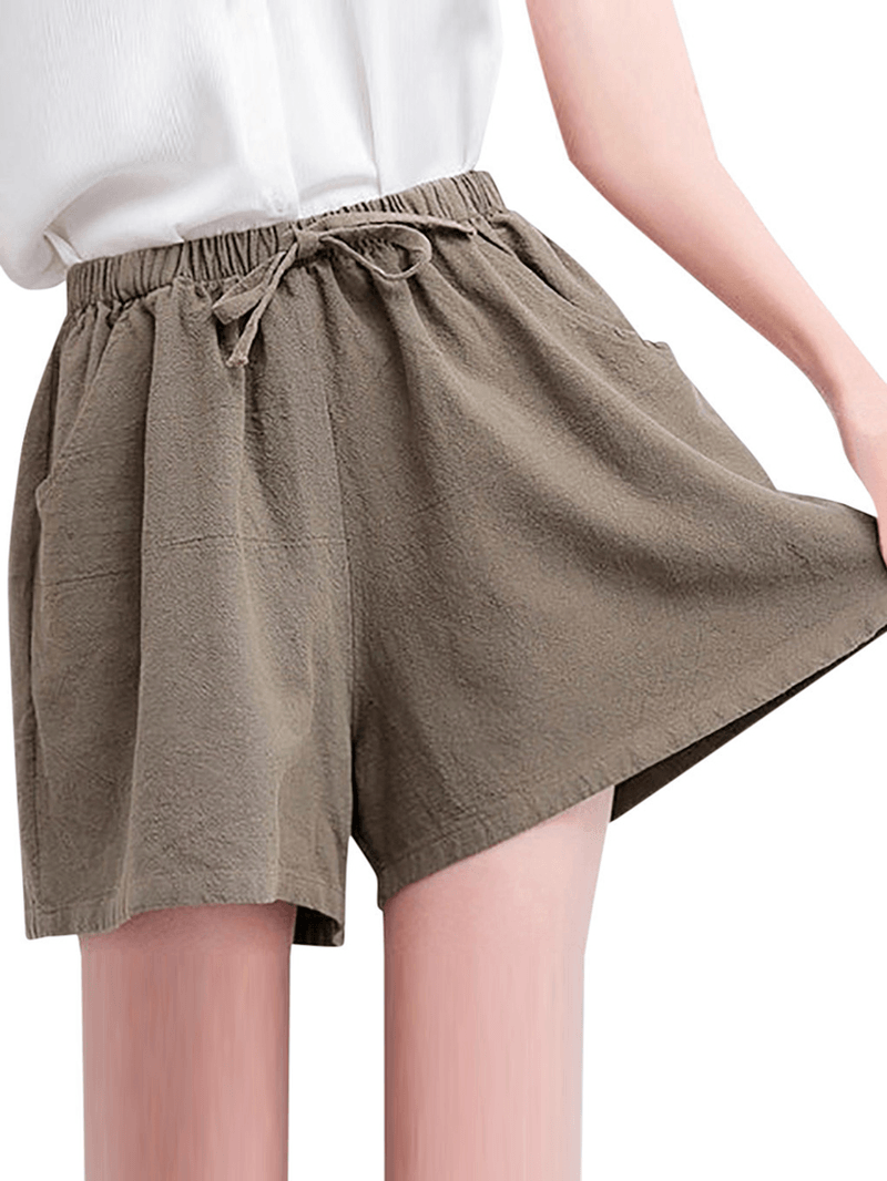 Women High Drawstring Waist Solid Cotton Casual Shorts - MRSLM