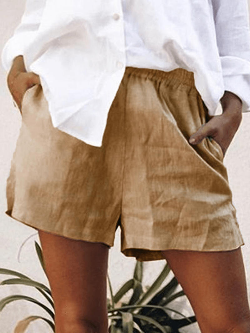 Women Cotton Solid Color Elastic Waist Shorts - MRSLM