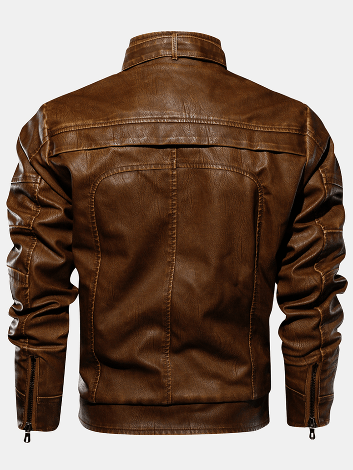 Mens Zipper Pocket Stand Collar PU Leather Motorcycle Jacket - MRSLM