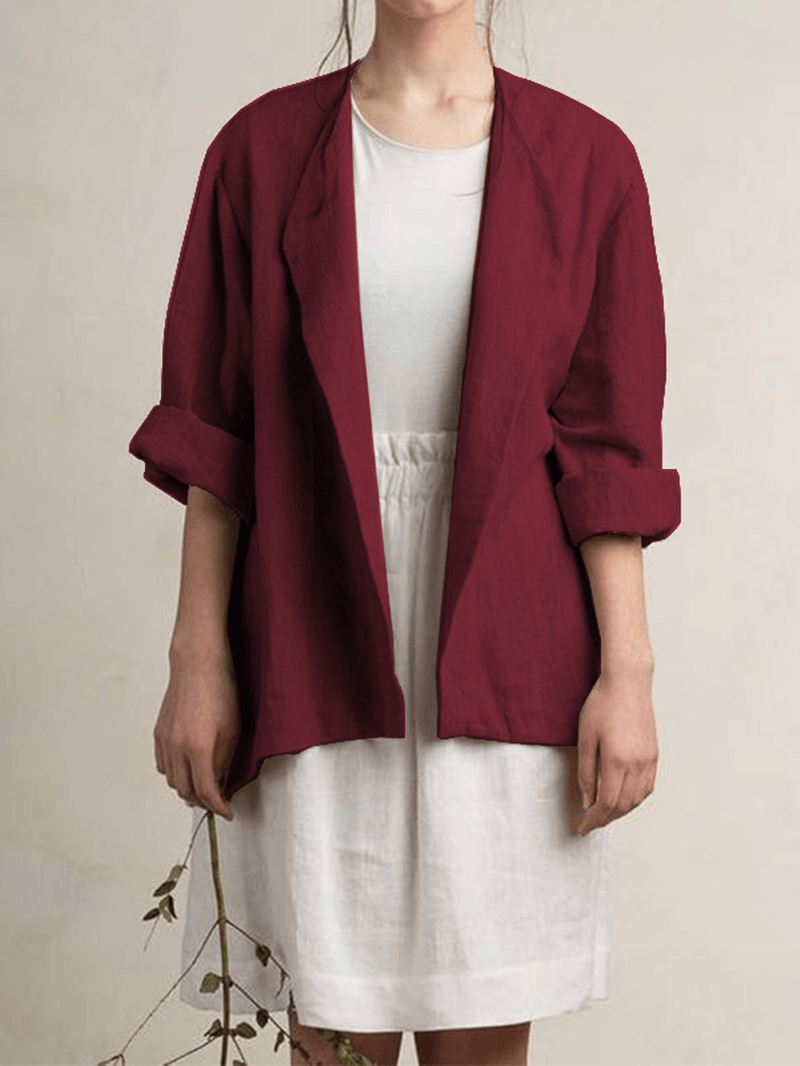 Women Cotton Turn-Down Collar Thin Coat Long Sleeve Solid Blazers - MRSLM
