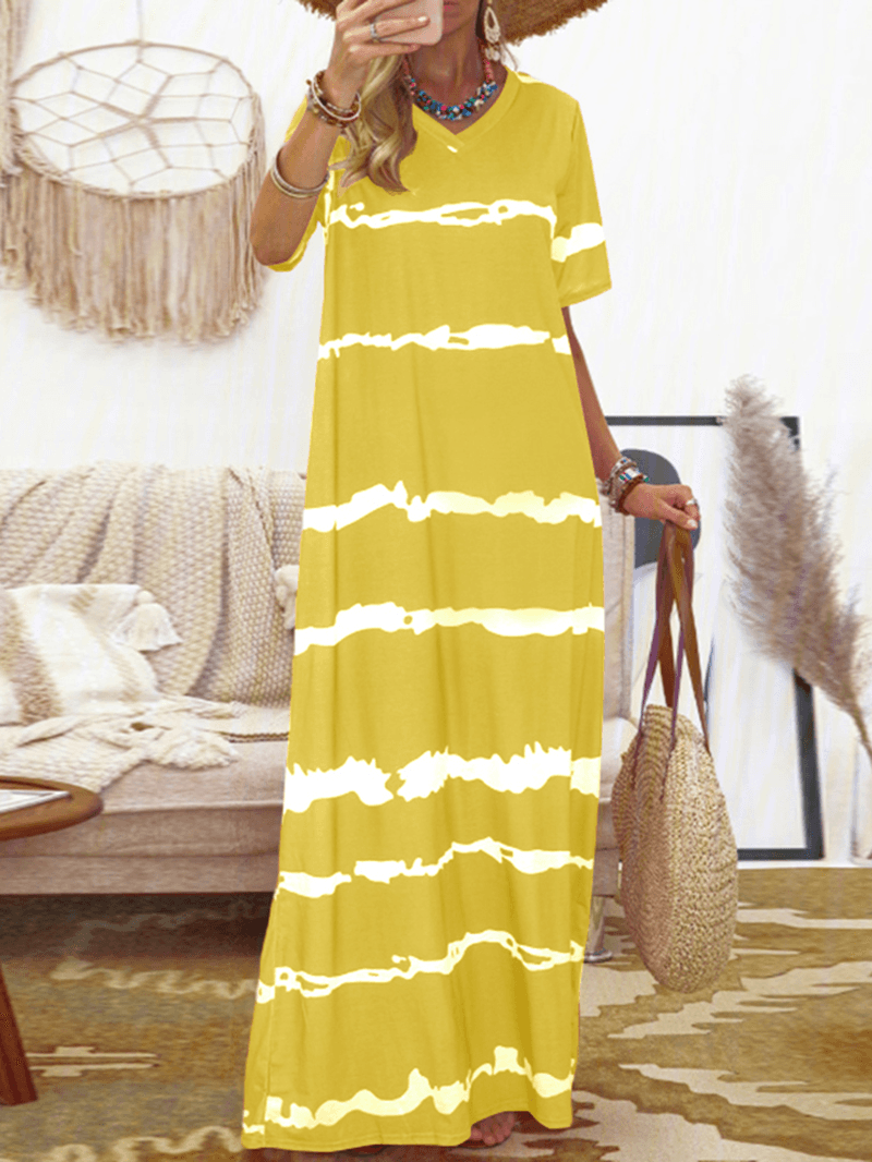 Bohemian Stripe Printed Clash Color Splicing Design V-Neck Dress - MRSLM