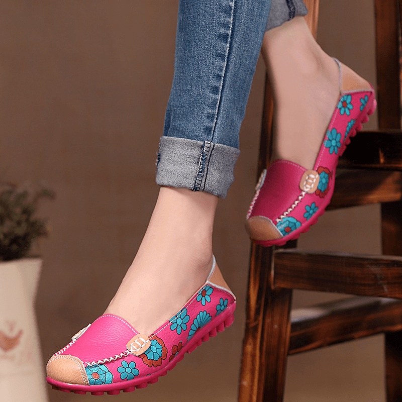 Big Size Women Flower Floral Leather Loafers Moccasins Flats Soft Ballet Shoes round Toe Flats - MRSLM