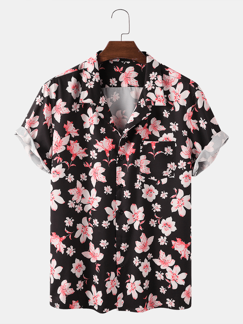 Mens Peach Blossom Floral Print Short Sleeve Holiday Breathable Shirts - MRSLM