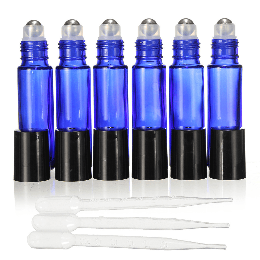 6Pcs 10Ml Cobalt Blue Glass Roll on Essential Oil Bottle Refillable Steel Roller Ball with Droppers - MRSLM