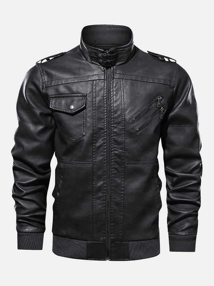 Mens Solid Color PU Leather Zip Front Biker Jackets with Multi Pockets - MRSLM