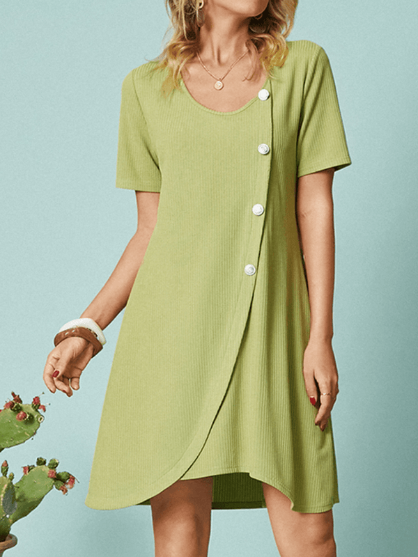Button Solid Color Short Sleeve O-Neck Casual Dress for Women - MRSLM