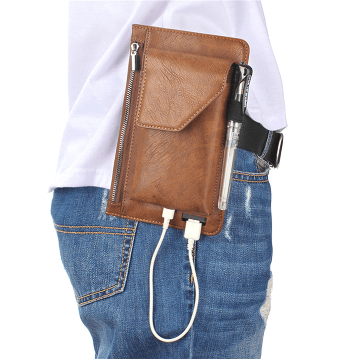 6.3 Inch Battery Charger Phone Bag Double Layer Vintage PU Leather Waist Bag for Men - MRSLM
