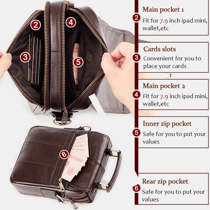 Men Vintage Cowhide Double Zipper Pocket Large Capacity Crossbody Bag Outdoor Travel Multifunction Shoulder Bag - MRSLM