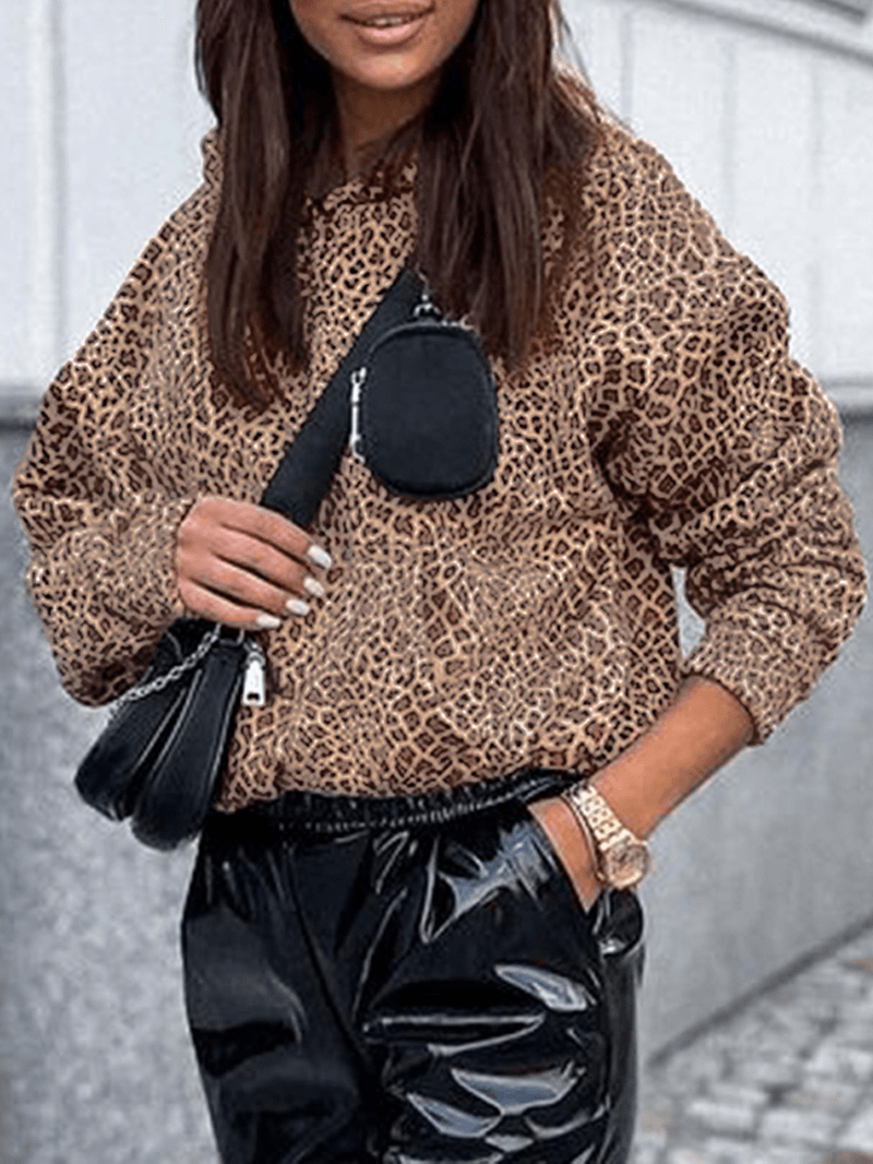 Women Leopard Printed Front Pocket Full Sleeve Hooded Collar Casual Sweatshirt - MRSLM