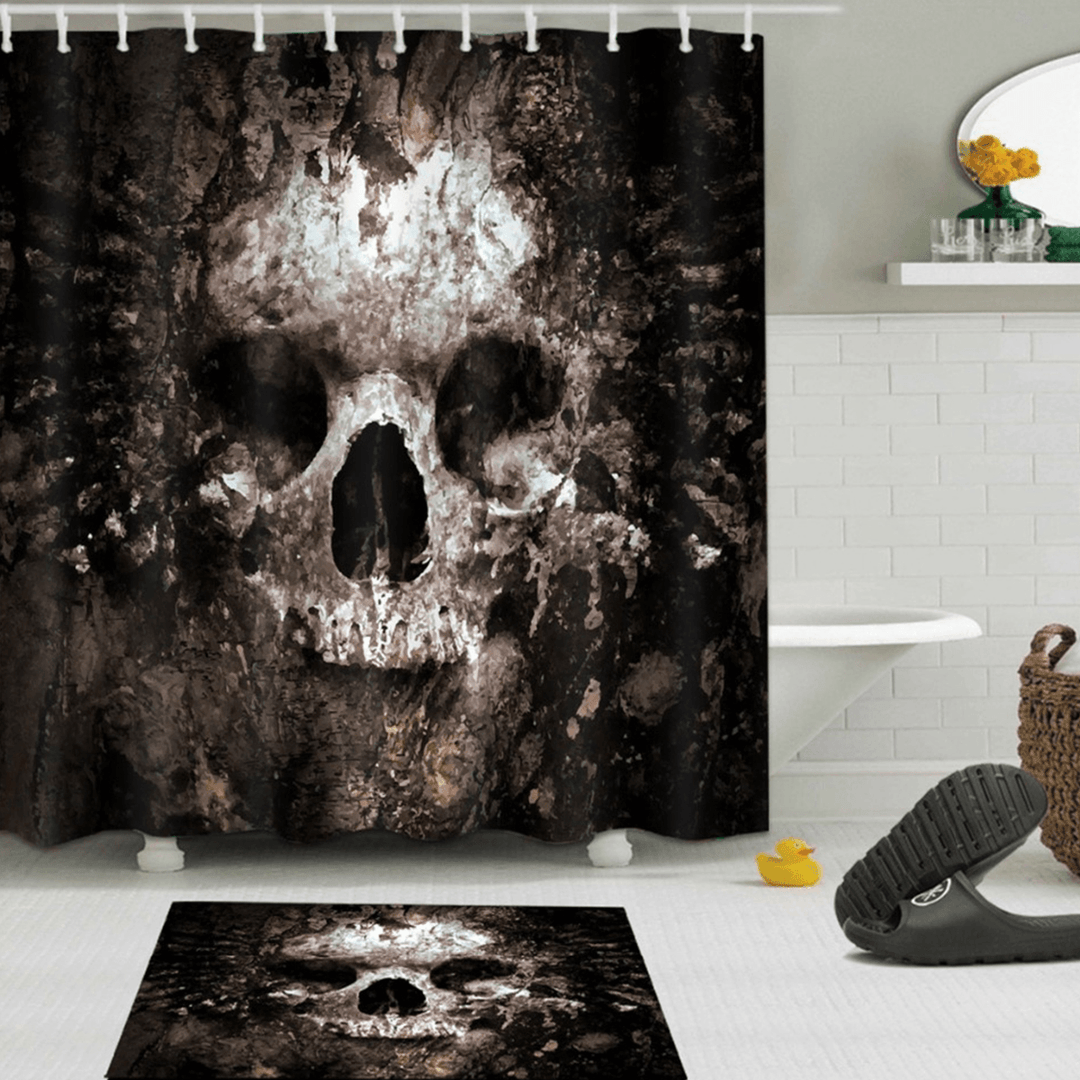 Skull Pattern Polyester Bathroom Shower Curtain Non-Slip Toilet Cover Mat Rug Set - MRSLM