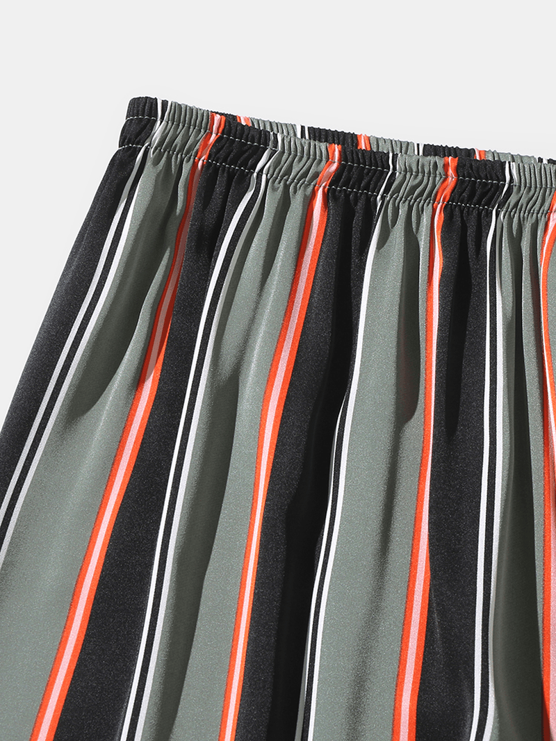 Mens Stripe Print Lapel Long Sleeve Shirt Elastic Waist Pants Home Pajama Set - MRSLM