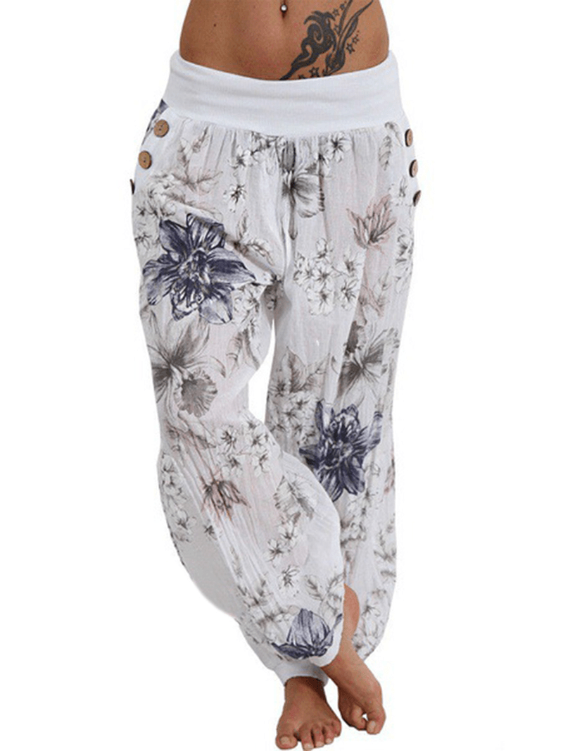 Women Casual Loose Floral Print Button Full Length Pants - MRSLM