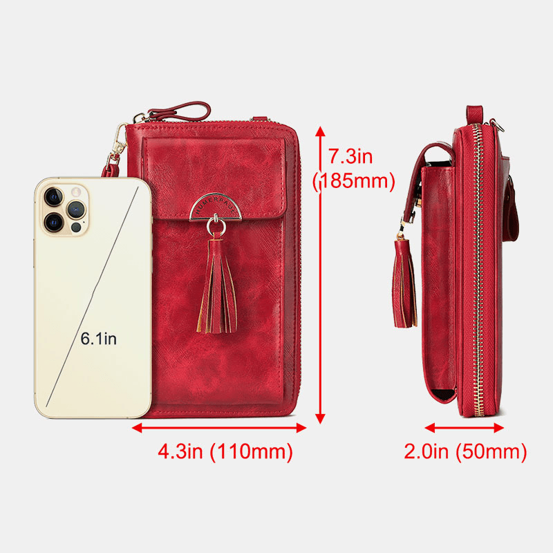 Women RFID Anti-Theft Multifunction Tassel Decor Crossbody Bag Multi-Card Slots Wallet Clutch Bag Phone Bag - MRSLM