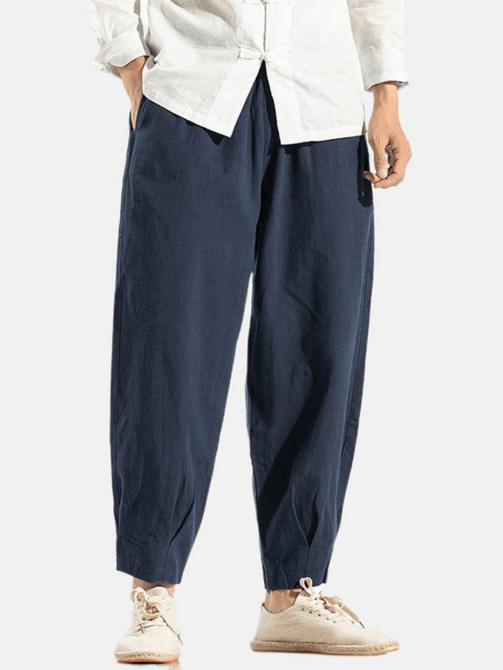 Mens 100% Cotton Oriental Elastic Waist Solid Color Harem Pants with Pocket - MRSLM
