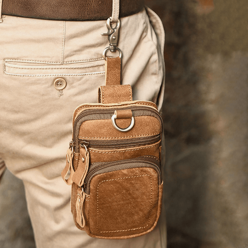 Men Genuine Leather Multi-Pocket Belt Bag Retro 6.5 Inch Phone Bag Waist Bag with Hook - MRSLM