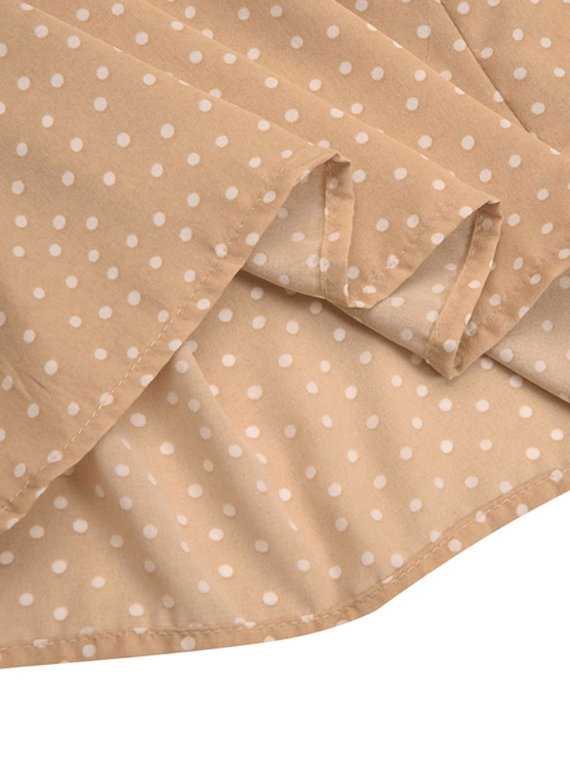 Polka Dot Print Frill Trim Lace up Casual Long Puff Sleeve Maxi Dresses for Women - MRSLM