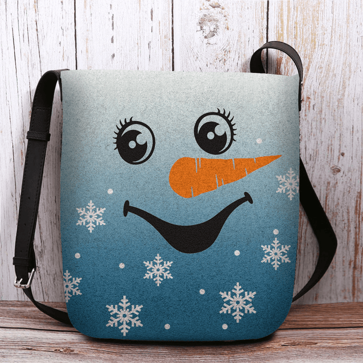 Women Felt Cute Festive Christmas Smile Snowman Snowflakes Print Crossbody Bag Shoulder Bag - MRSLM