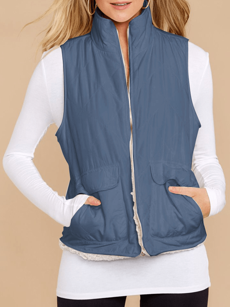 Women Solid Turn-Down Collar Thick Vest Jacket - MRSLM