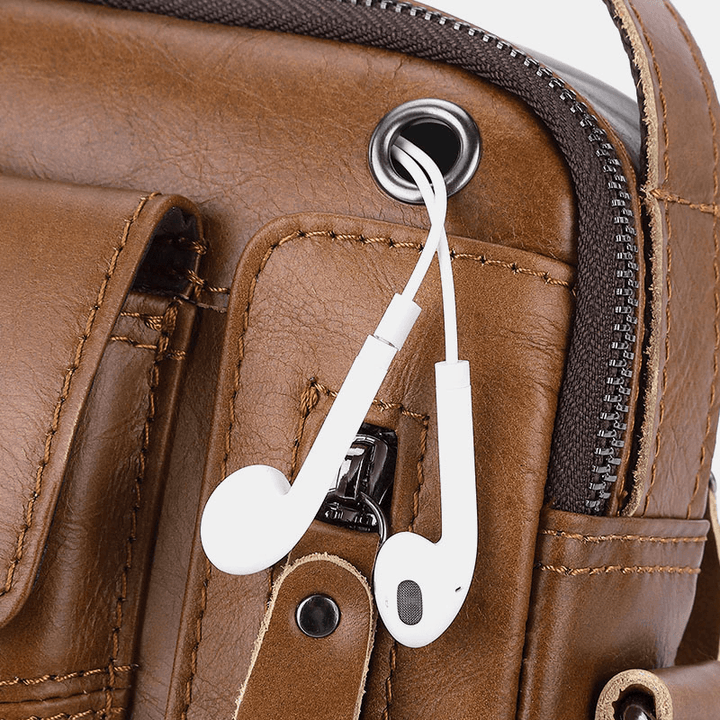 Men Genuine Leather Multi-Pocket Headphone Hole Vintage 6.5 Inch Phone Bag Crossbody Bag Shoulder Bag Messenger Briefcase - MRSLM