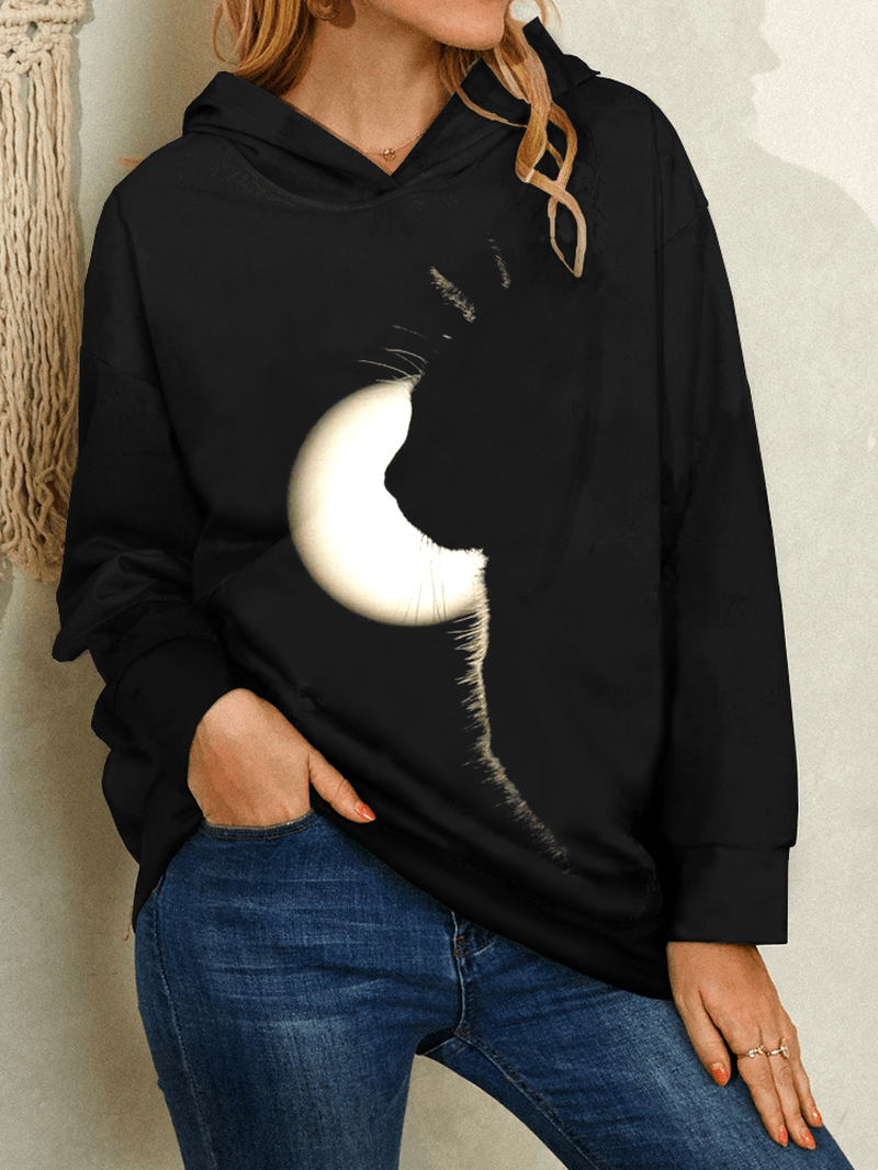 Women Moon Cat Graphic Casual Long Sleeve Black Hoodies - MRSLM