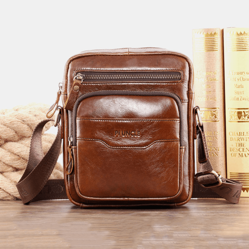 Men Genuine Leather Multi-Function Retro Wear-Resisant Large Capacity Handbag Shoulder Bag Cross Body Bag - MRSLM