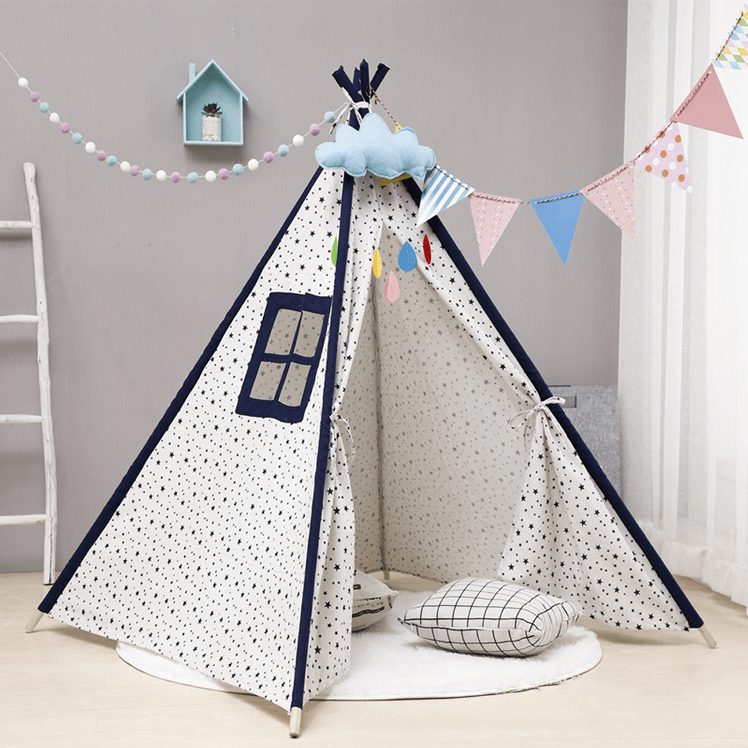 Teepee Children Playhouse Kids Play Tent Natural Cotton Canvas Gift for Boys Girls Indoor Outdoor Tent - MRSLM