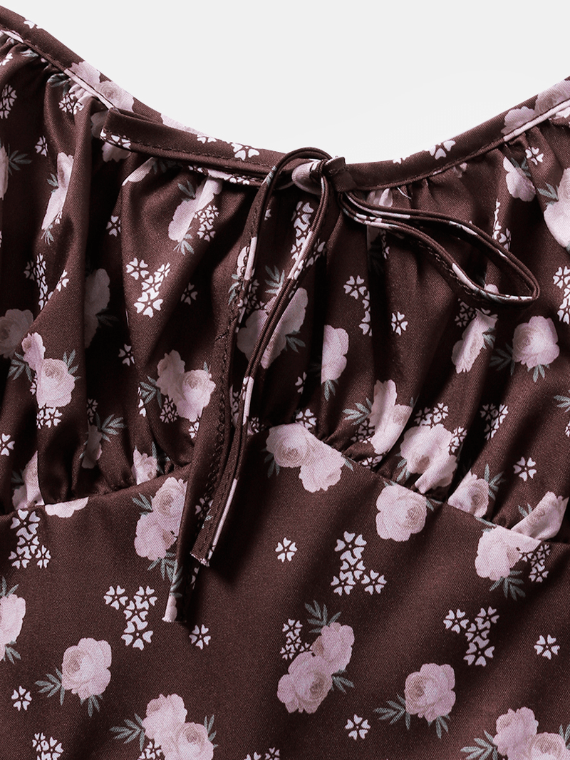 Women Retro Ditsy Floral Print Split Strappy Cami Casual Midi Dresses - MRSLM