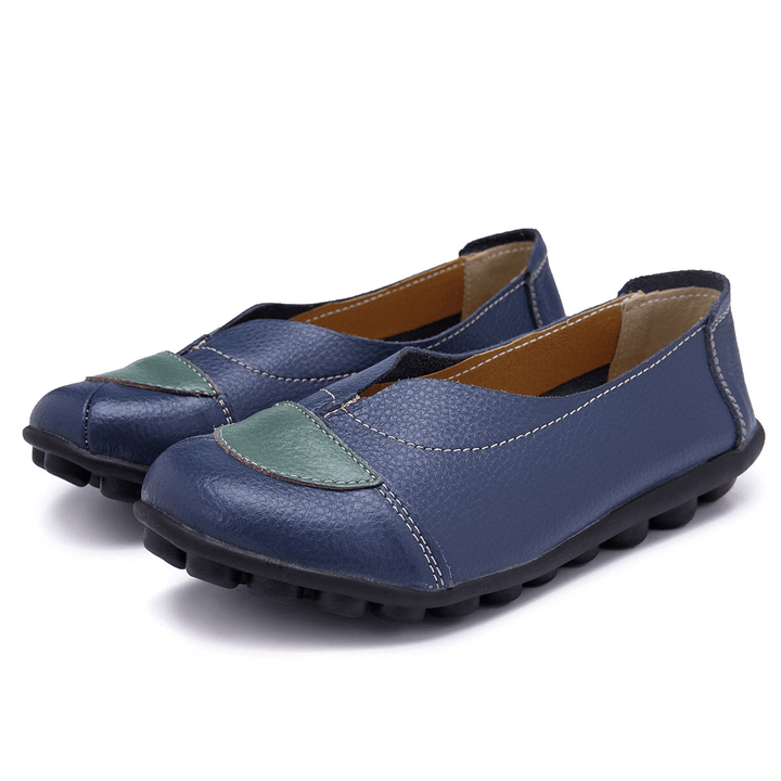 Women V Shaped Stitching Leather Casual Flat Loafers Shoes - MRSLM