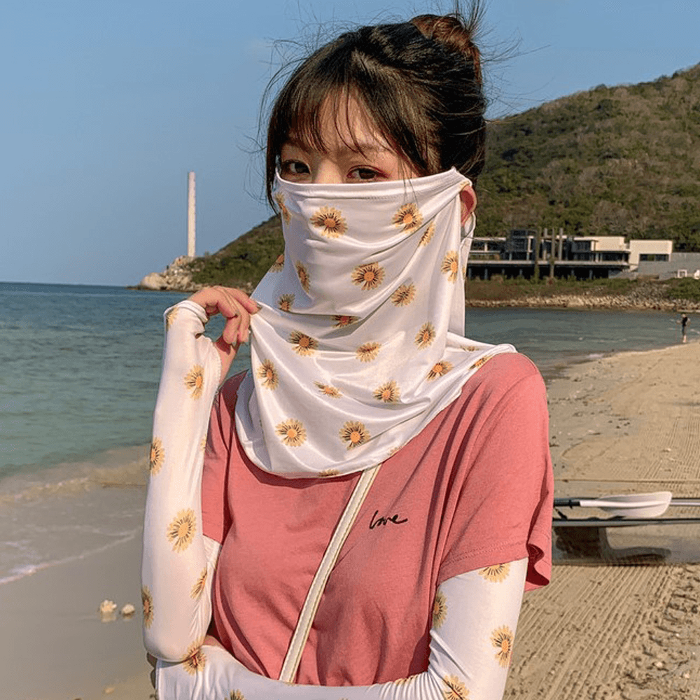 Women Sunscreen Outdoor UV Protection Ice Silk Sleeve Arm Guard Cover Face Ear Hanging Breathable Veil Mask - MRSLM