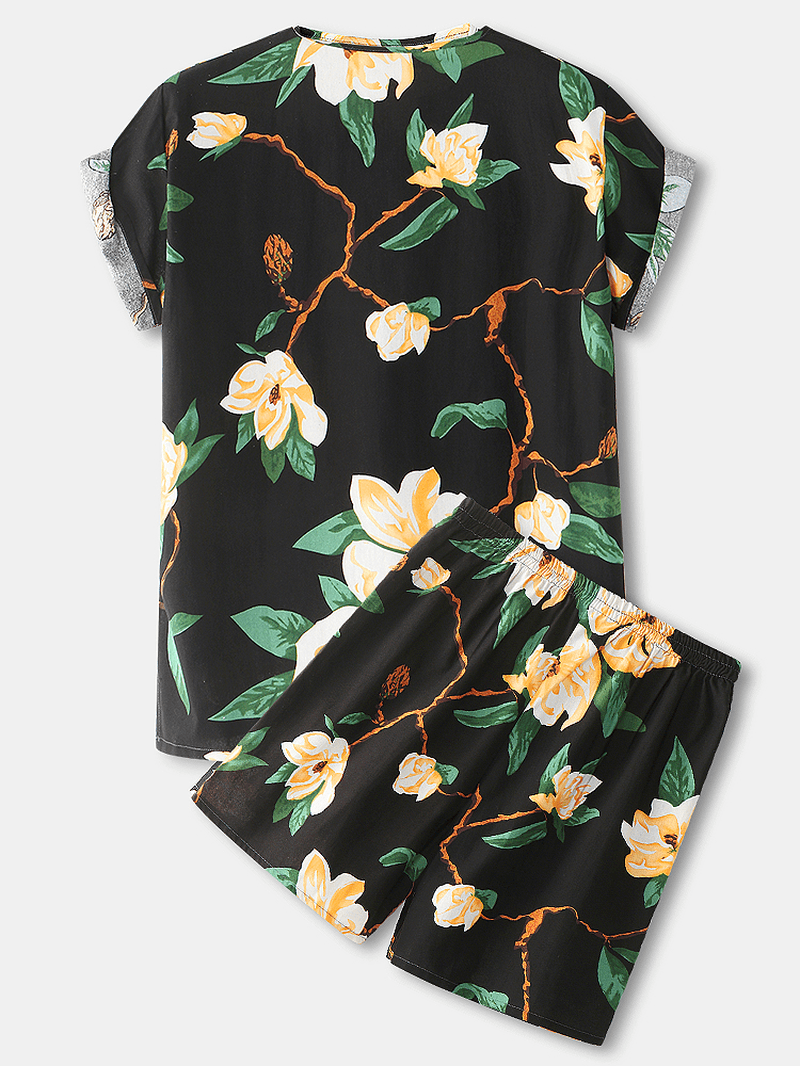 Mens Floral Print V-Neck Loose Cotton Comfy Short Loungewear with Pocket - MRSLM