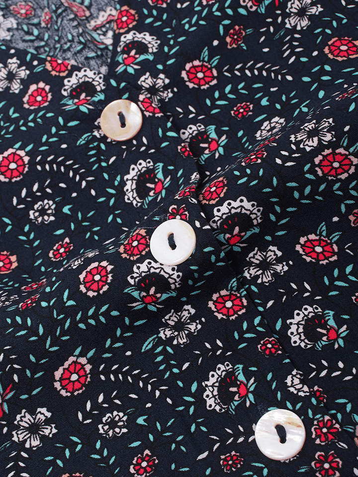 Bohemia Floral Ethnic V-Neck Button Short Sleeve Print Dress - MRSLM
