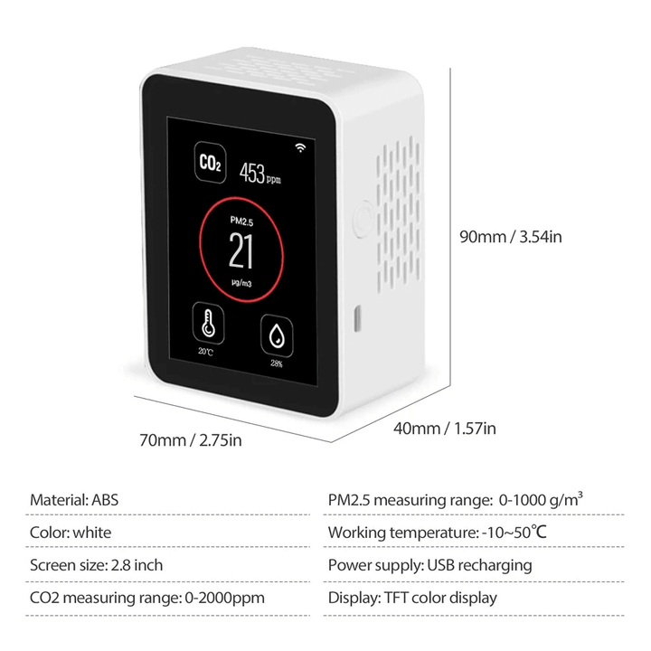 WIFI 2.8 Inch TFT Color Display Screen Intelligent CO2 PM2.5 Air Quality Monitor Temperature Humidity Multifunctional Detector Air Quality Detector - MRSLM