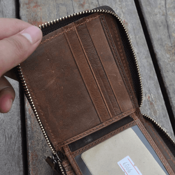 Men Vintage Genuine Leather Zipper Arround Cardwallet Holder Coin Bag - MRSLM