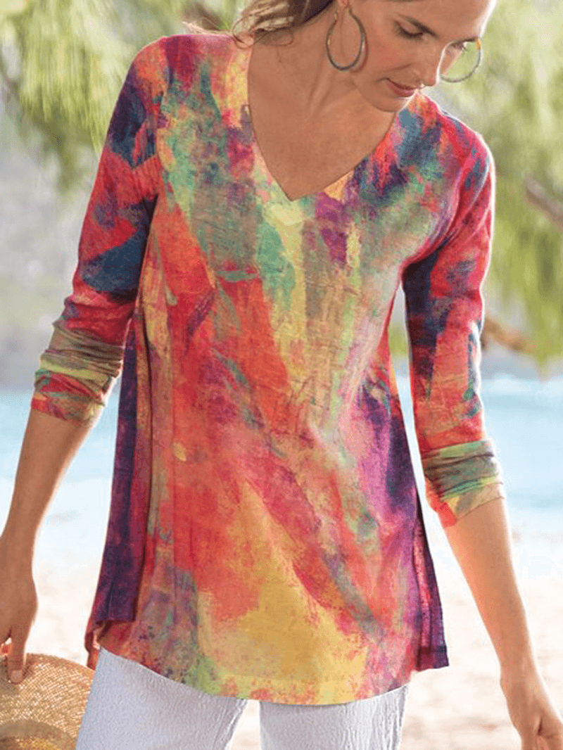 Women Random Multicolor Print V-Neck Long Sleeve Vintage T-Shirts - MRSLM