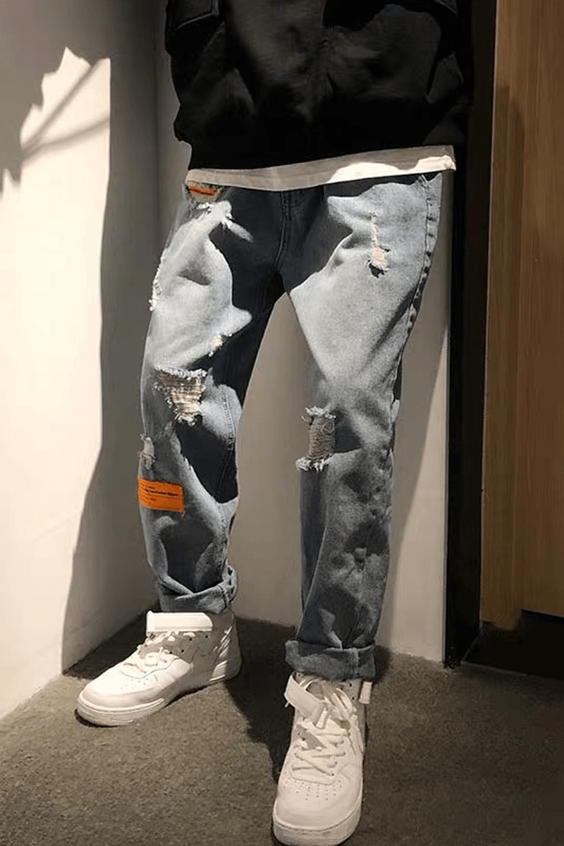 Men'S Loose Holes to Make Old Blue Jeans - MRSLM