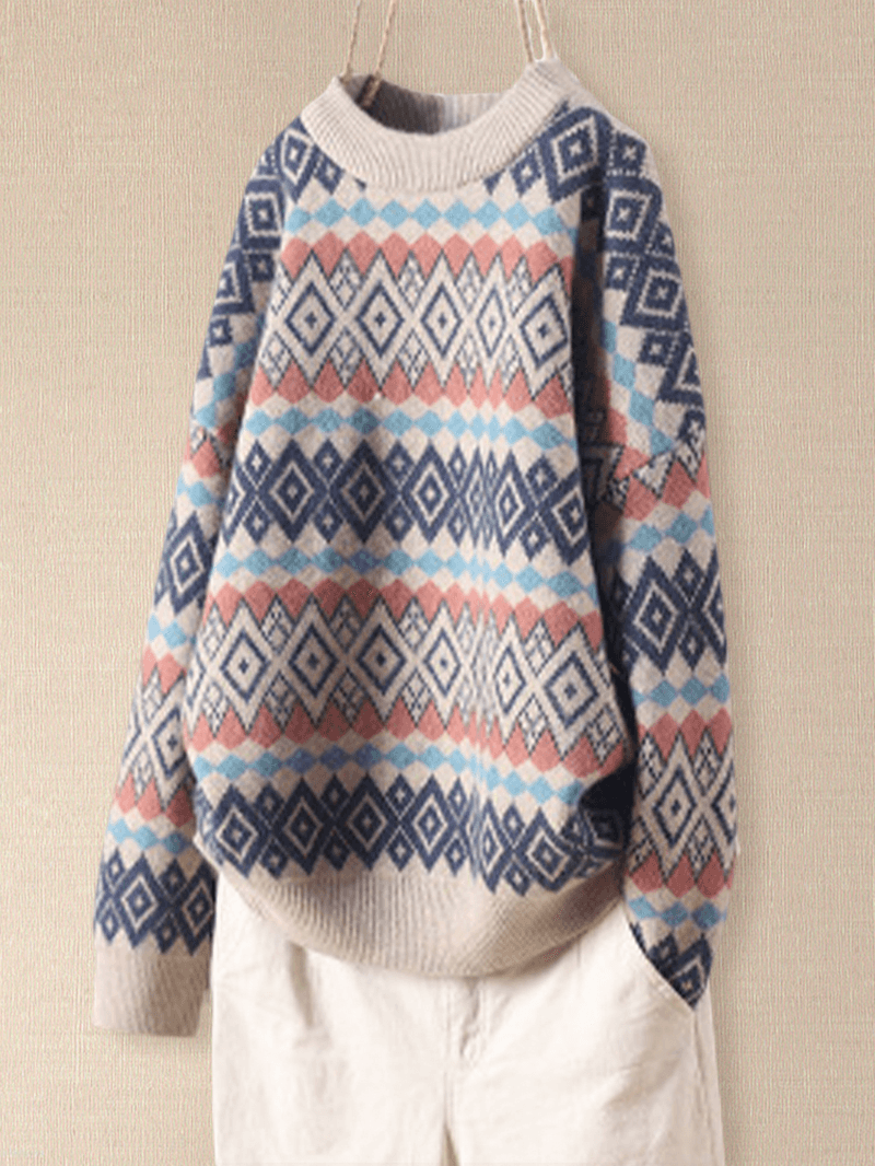 Women Vintage Argyle round Neck Jacquard Knit Drop Shoulder Loose Sweaters - MRSLM