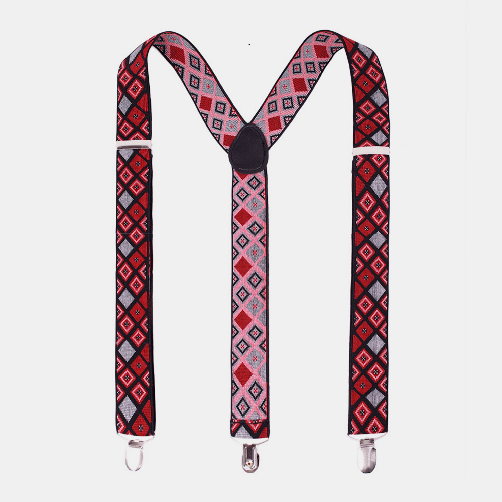 Men Geometry Pattern 3 Clip 100Cm Adjustable High Elastic Shoulder Sling Trouser Strap Suspenders Braces Belt - MRSLM