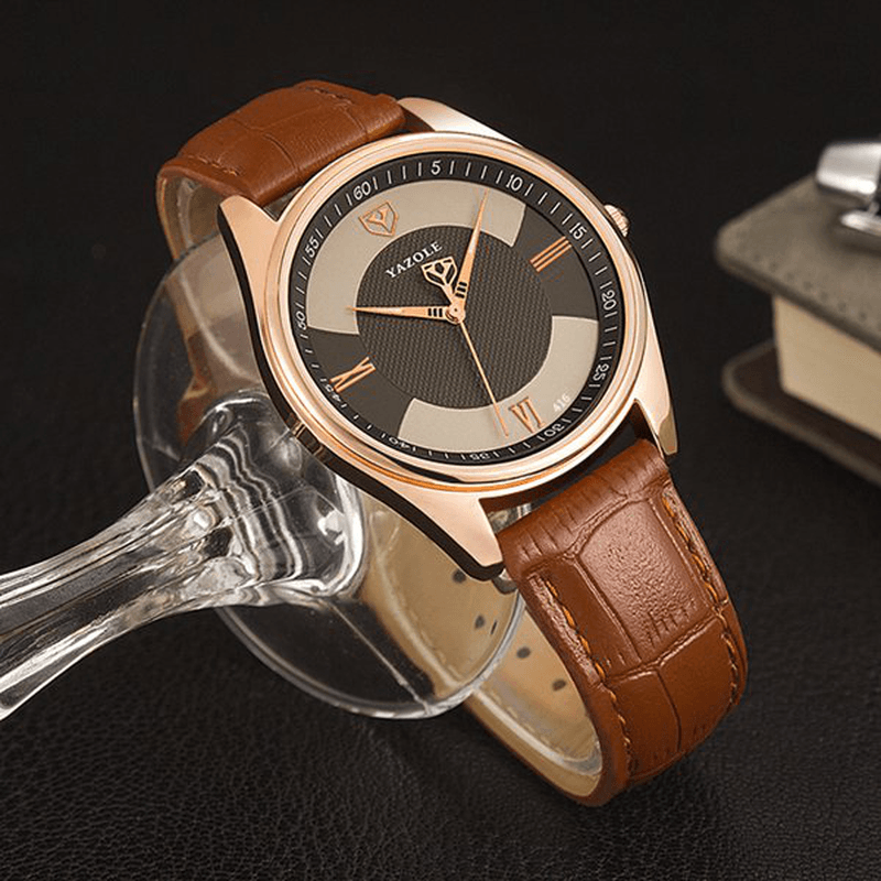 YAZOLE 416 Men Watch Fashion Leather Strap Roman Numbers Dial Quartz Wrist Watch - MRSLM