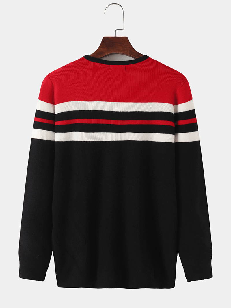 Mens Horizontal Stripe Knit round Neck Casual Long Sleeve Pullover Sweaters - MRSLM