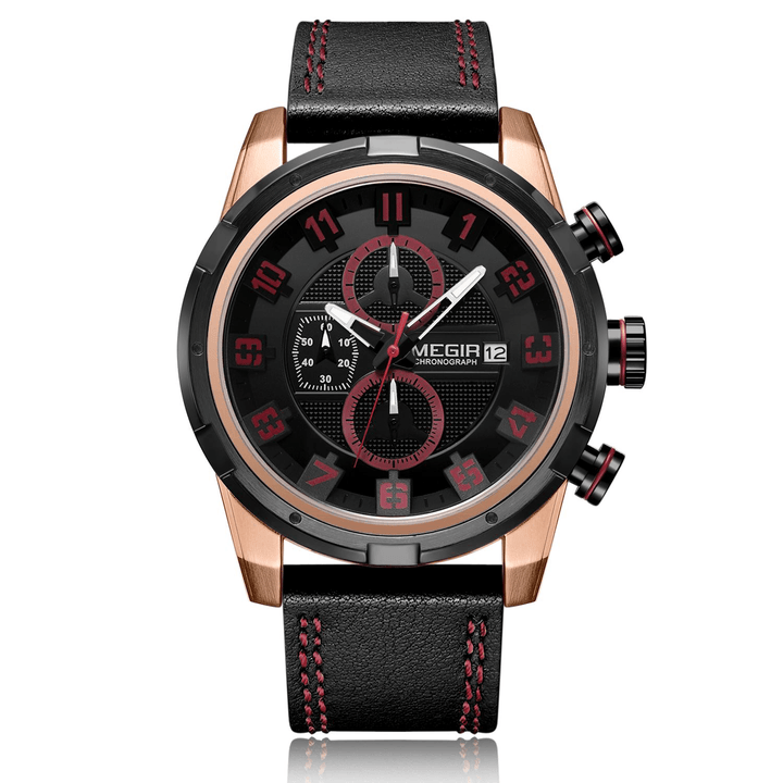 Megir 2082G Multifunction 3D Dial Display Sport Men Wrist Watch Genuine Leather Band Quartz Watch - MRSLM