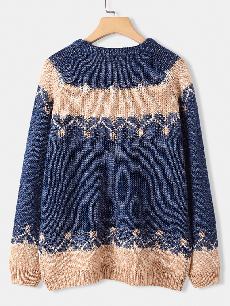 Women Vintage Pattern round Neck Knit Long Sleeve Pullover Sweaters - MRSLM