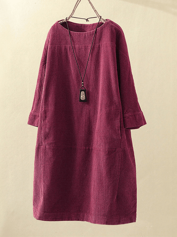 Plus Size Solid Color Corduroy Crew Neck Vintage Loose Fit Dress - MRSLM