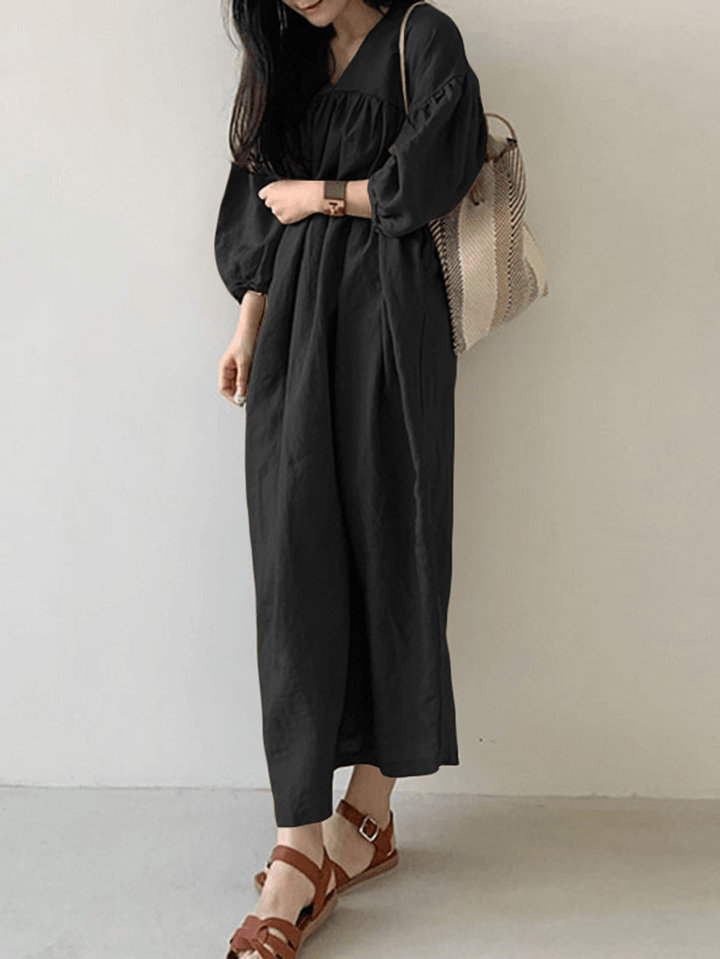 Women Cotton Solid Pleated Loose Puff Sleeve Maxi Dresses with Side Pockets - MRSLM